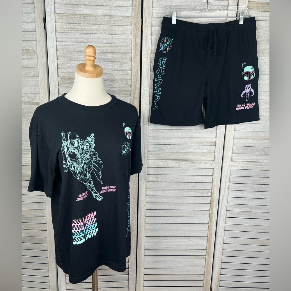 STAR WARS Men's Mandalorian Themed Shortie Pajama Set Black/Multi-Medium